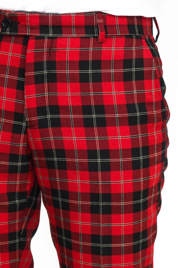 Slim Fit Checked Burgundy Men Pants