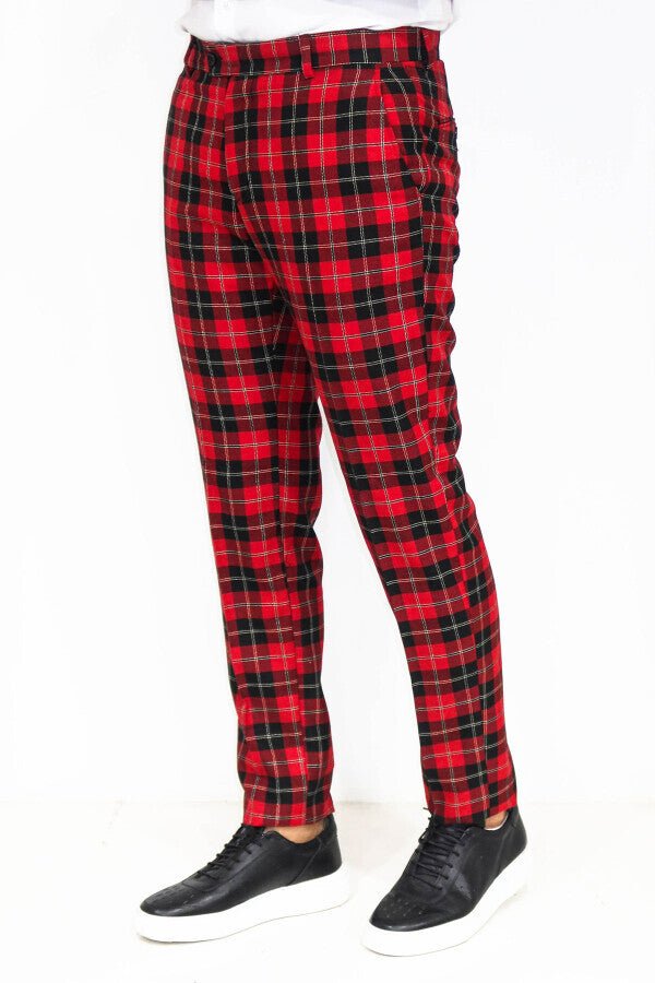 Slim Fit Checked Burgundy Men Pants