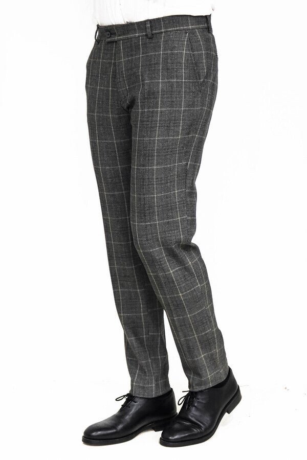 Slim Fit Plaid Anthracite Men Pants