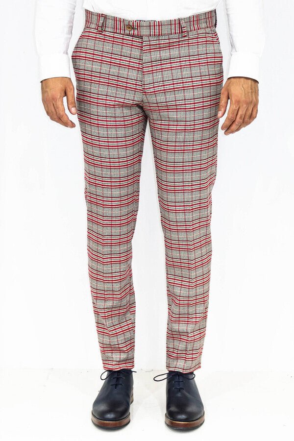 Slim Fit Plaid Grey Men Pants