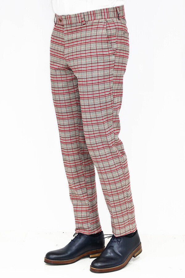 Slim Fit Plaid Grey Men Pants