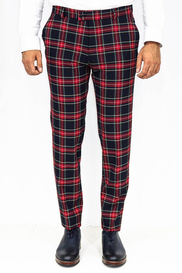 Slim Fit Plaid Men Navy Blue Pants