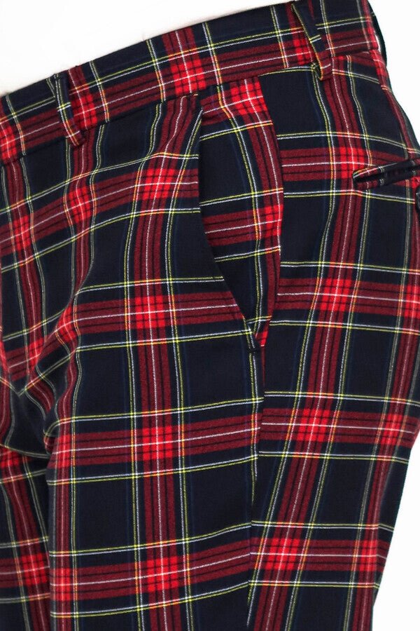 Slim Fit Plaid Men Navy Blue Pants