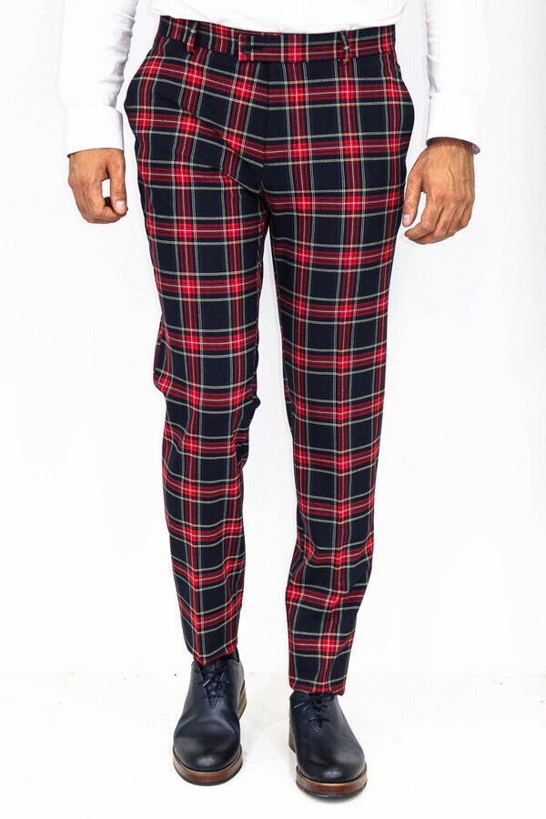 Slim Fit Plaid Men Navy Blue Pants