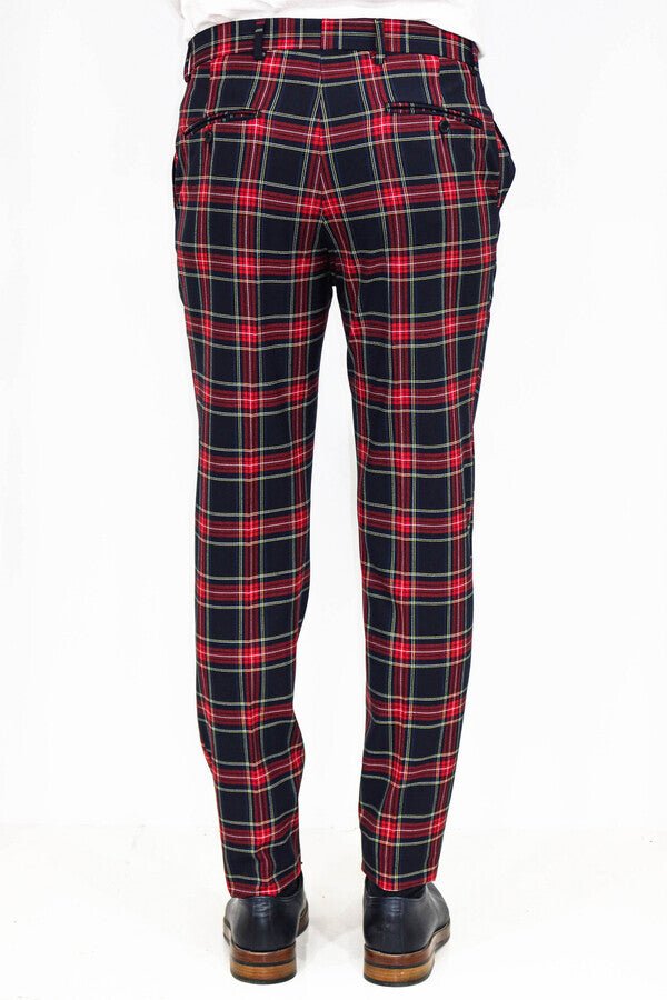Slim Fit Plaid Men Navy Blue Pants