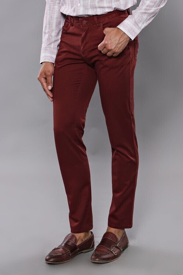 Slim Fit Plain 5 Pockets Burgundy Men Pants