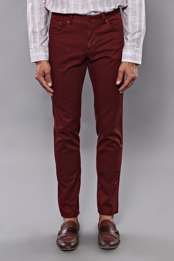 Slim Fit Plain 5 Pockets Burgundy Men Pants