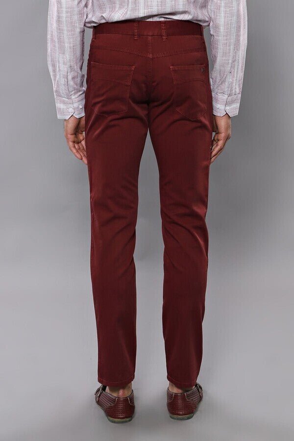 Slim Fit Plain 5 Pockets Burgundy Men Pants