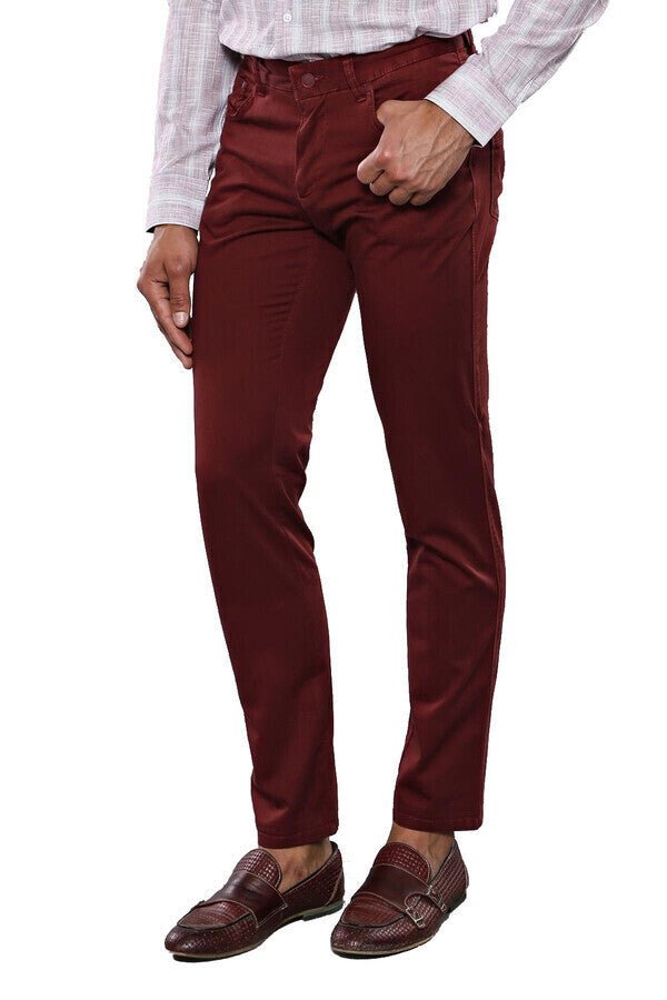 Slim Fit Plain 5 Pockets Burgundy Men Pants