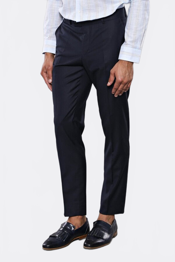 Slim Fit Plain Navy Blue Men Trousers