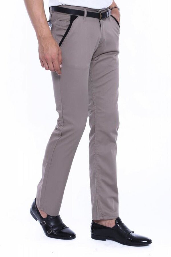 Trimmed Pockets Plain Slim Fit Beige Men Pants