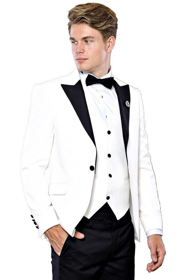 Peak Lapel 3 Piece White Tuxedo