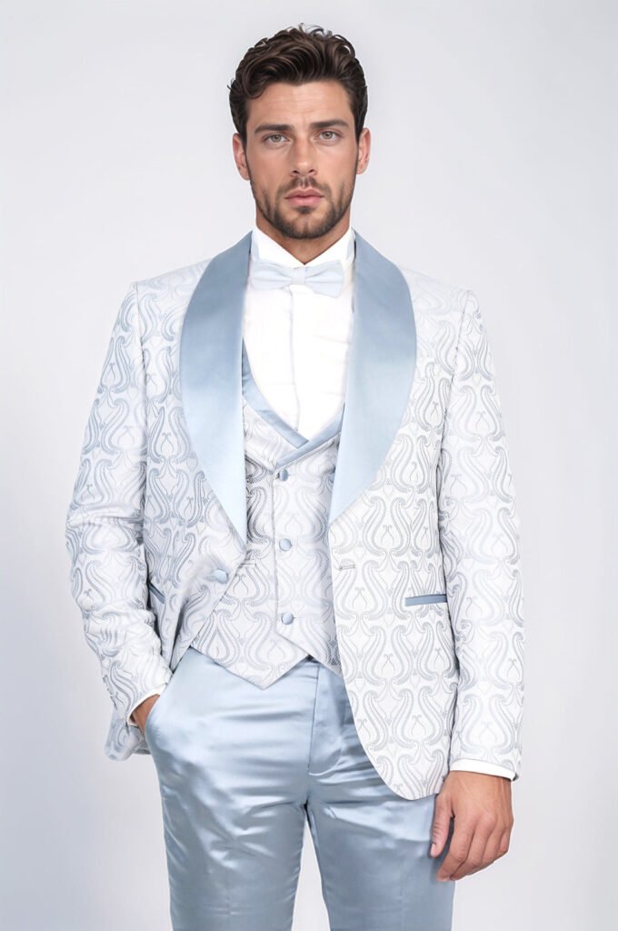 Wavy Patterned Shawl Collar Vested Ice Blue Tuxedo