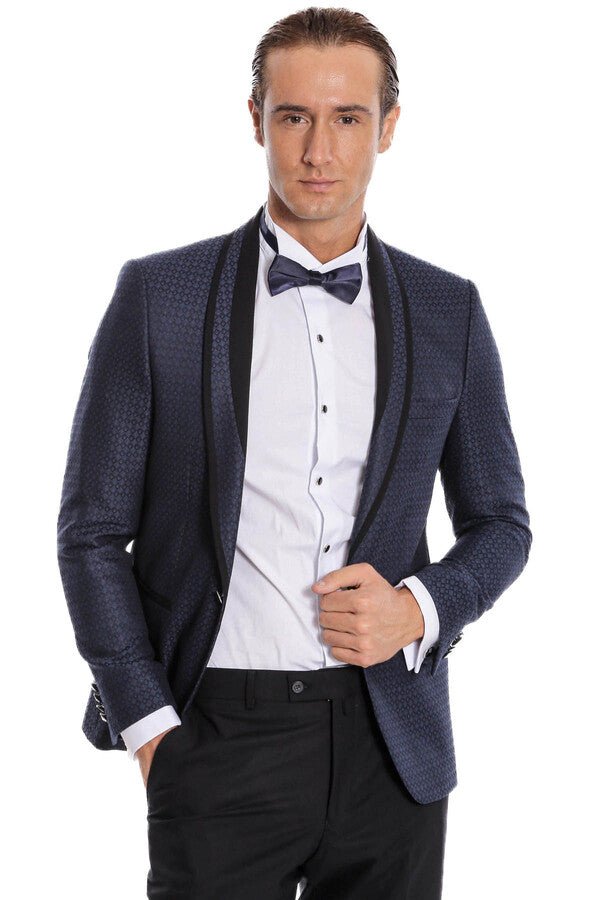 Shawl Lapel Patterned Slim Fit Navy Blue Tuxedo