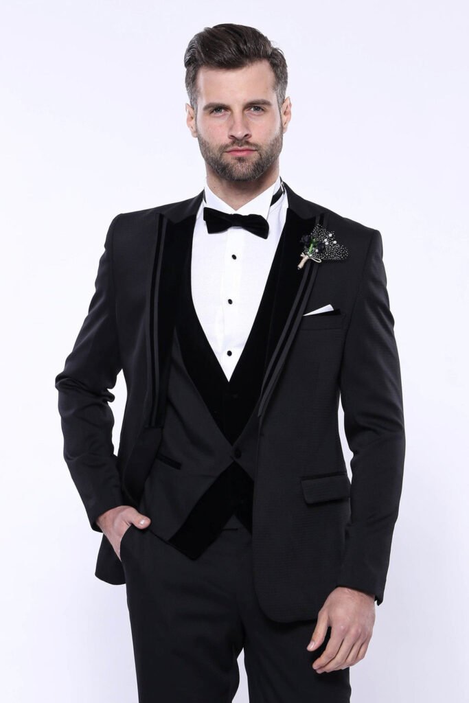 Velvet Collar Patterned Black Tuxedo