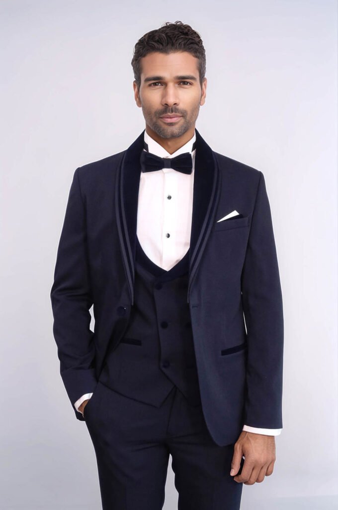 3 Piece Trim Detailed Self-Patterned Velvet Shawl Collar Navy Blue Men's Tuxedo