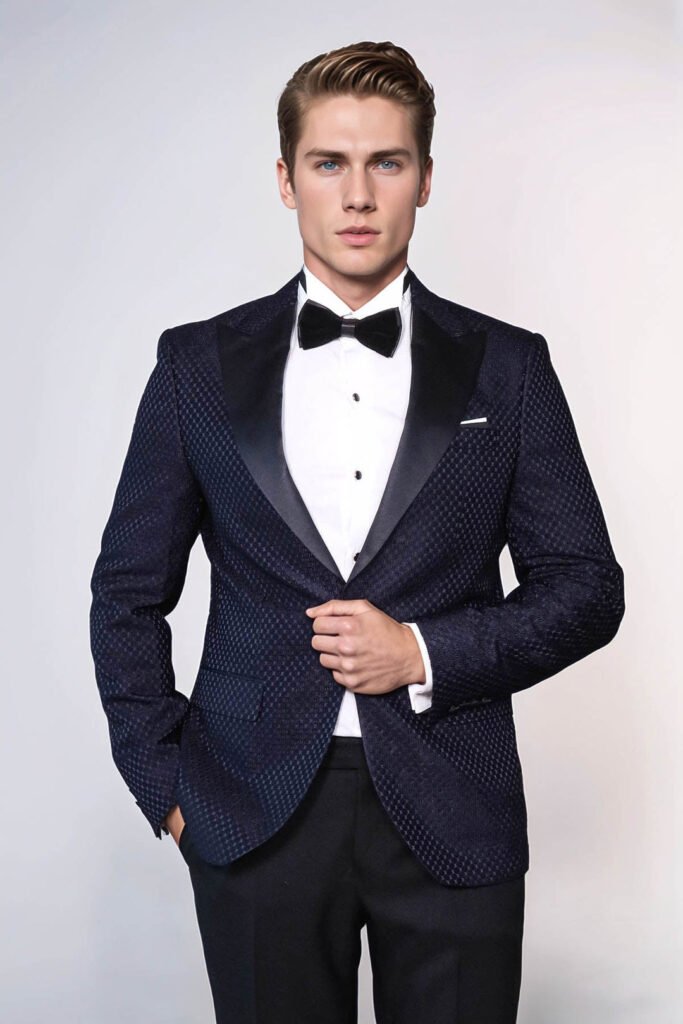 Satin Shawl Lapel Textured Men's Navy Blue Tuxedo Jacket