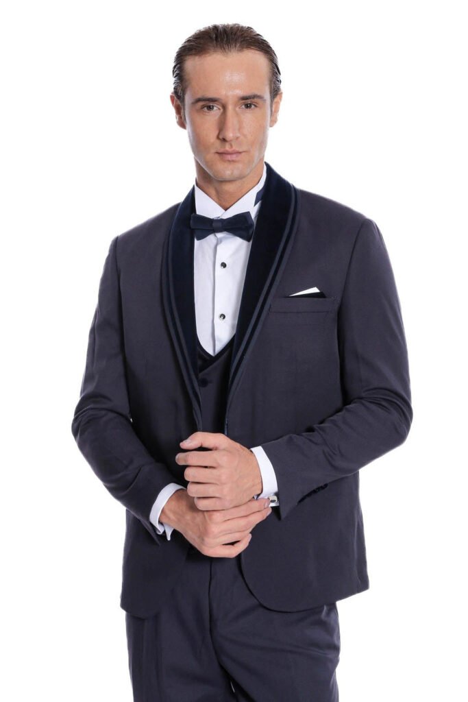 Detachable Velvet Lapel Navy Blue Tuxedo