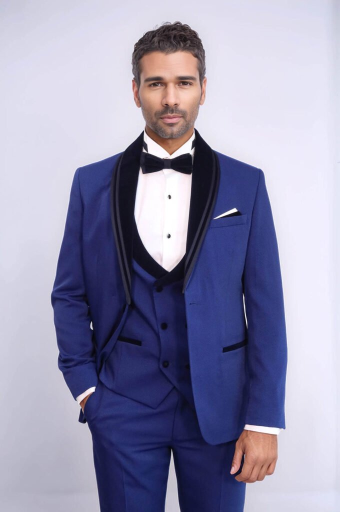 3 Piece Trim Detailed Self-Patterned Velvet Shawl Collar Royal Blue Men's Tuxedo