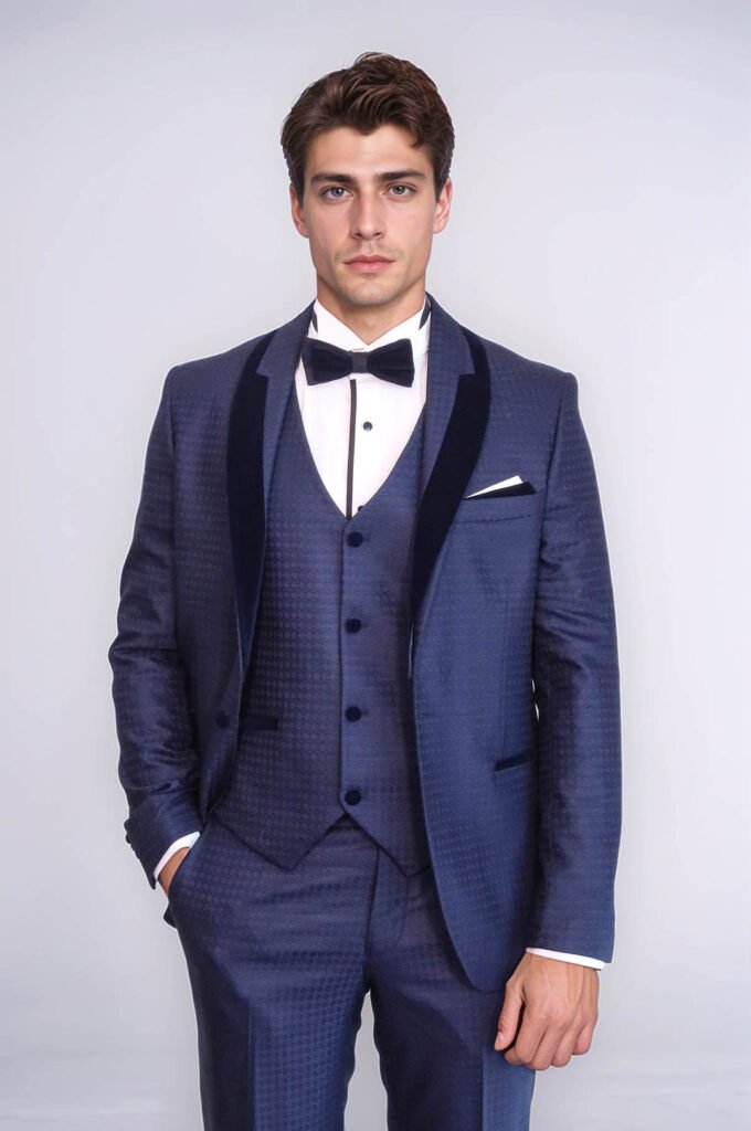 Patterned Velvet Lapel Navy Blue Men Tuxedo