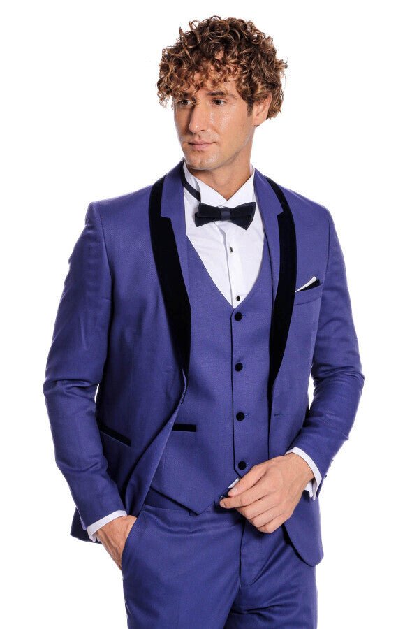 Patterned Velvet Lapel Blue Men Tuxedo