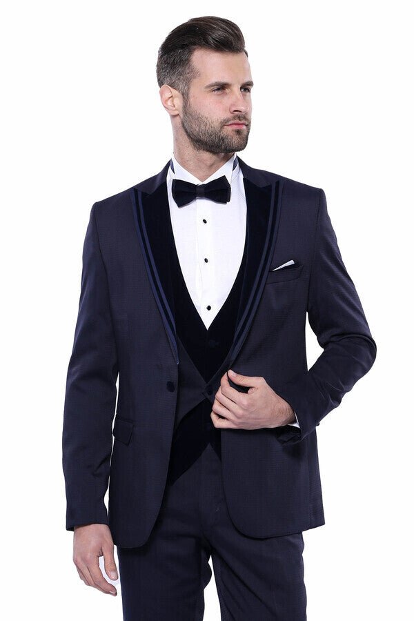 Velvet Collar Patterned Dark Blue Tuxedo