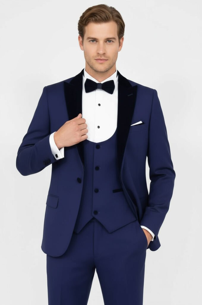 Velvet Lapel Slim Fit Blue Men Suit