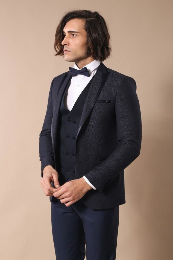 Dot Patterned Vested Dark Blue Wedding Suit