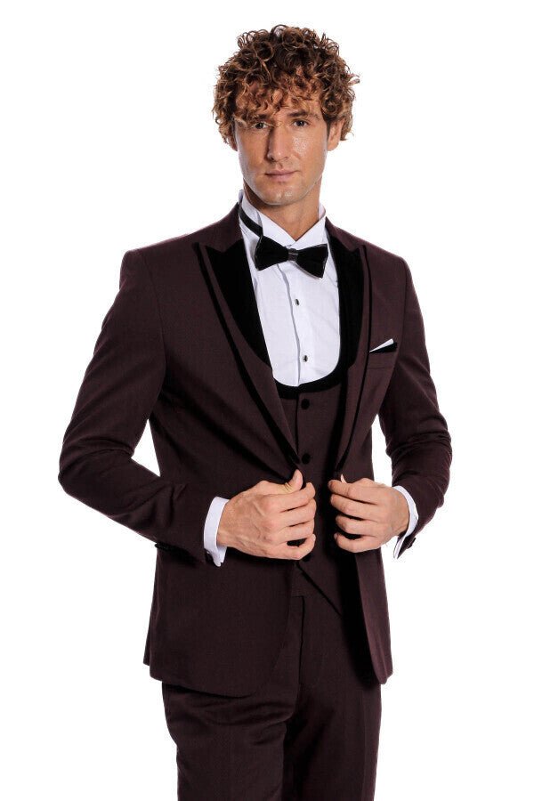 Velvet Lapel Vested Patterned Burgundy Men Tuxedo
