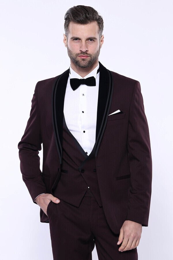 Detachable Velvet Lapel Burgundy Tuxedo