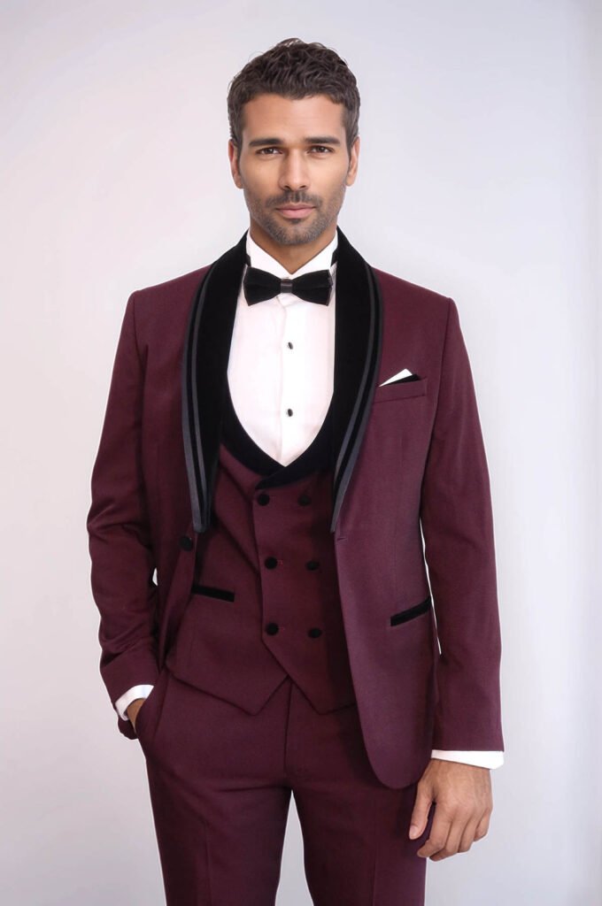 3 Piece Trim Detailed Self-Patterned Velvet Shawl Collar Burgundy Men's Tuxedo