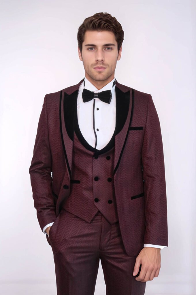 Velvet Lapel Patterned Vested Burgundy Men Tuxedo