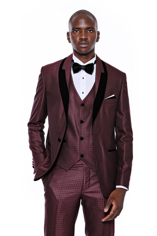 Patterned Burgundy Velvet Lapel Groom Suit