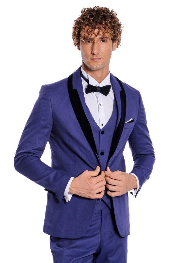 Patterned Velvet Lapel Blue Men Tuxedo