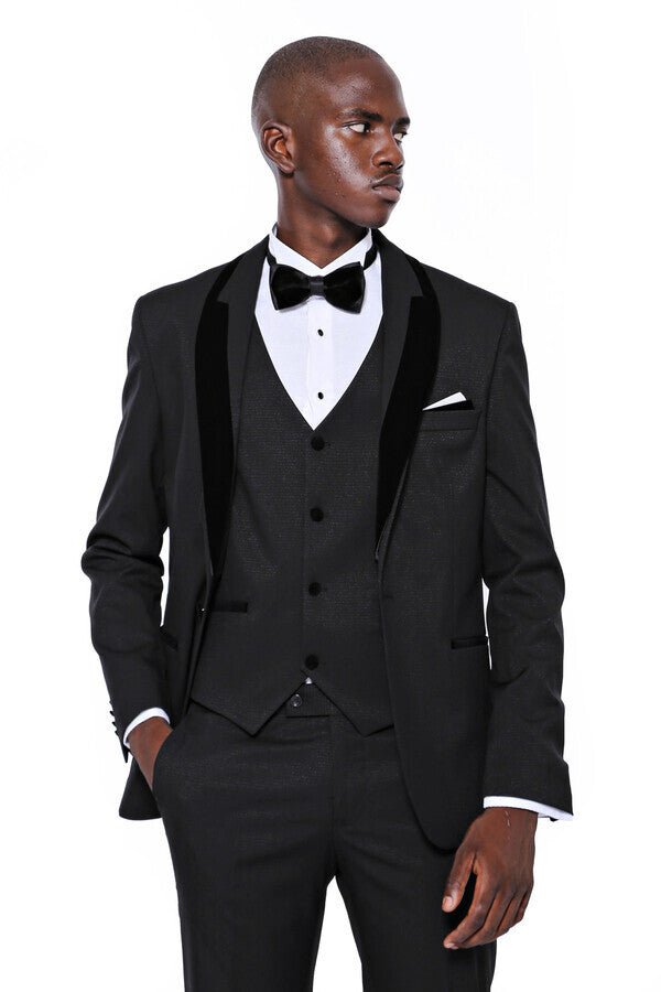 Patterned Velvet Lapel Black Men Tuxedo