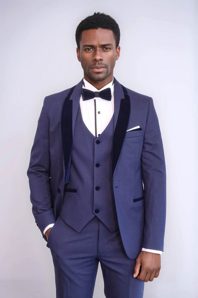 Patterned Velvet Lapel Navy Blue Tuxedo