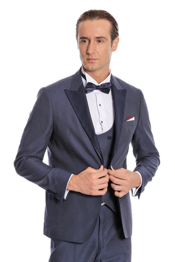 Removable Lapel Vested Navy Blue Tuxedo
