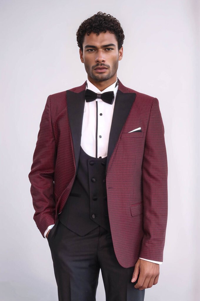 Patterned Blazer Plain Vest and Trousers Claret Red Tuxedo