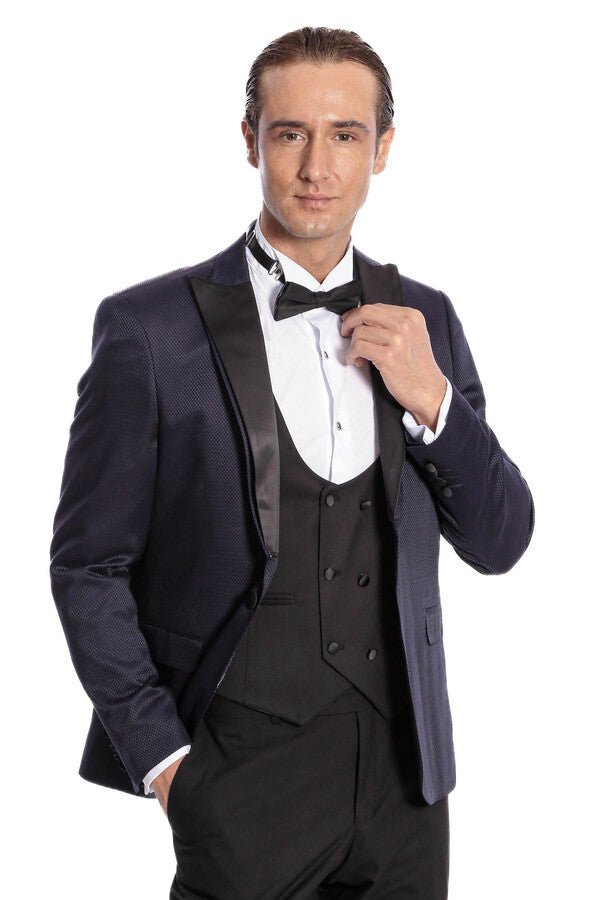 Patterned Combined Navy Blue Men Tuxedo