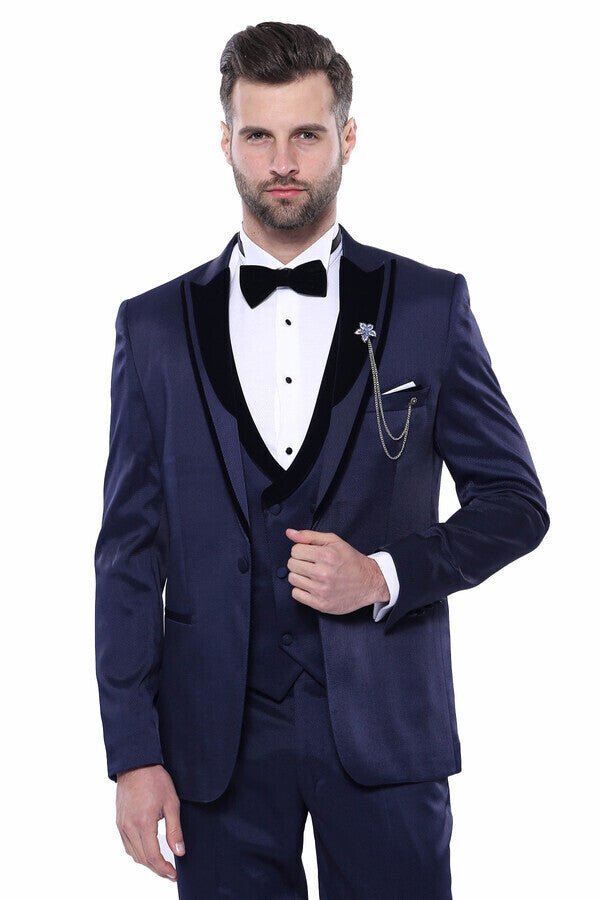 Patterned Velvet Lapel Navy Tuxedo