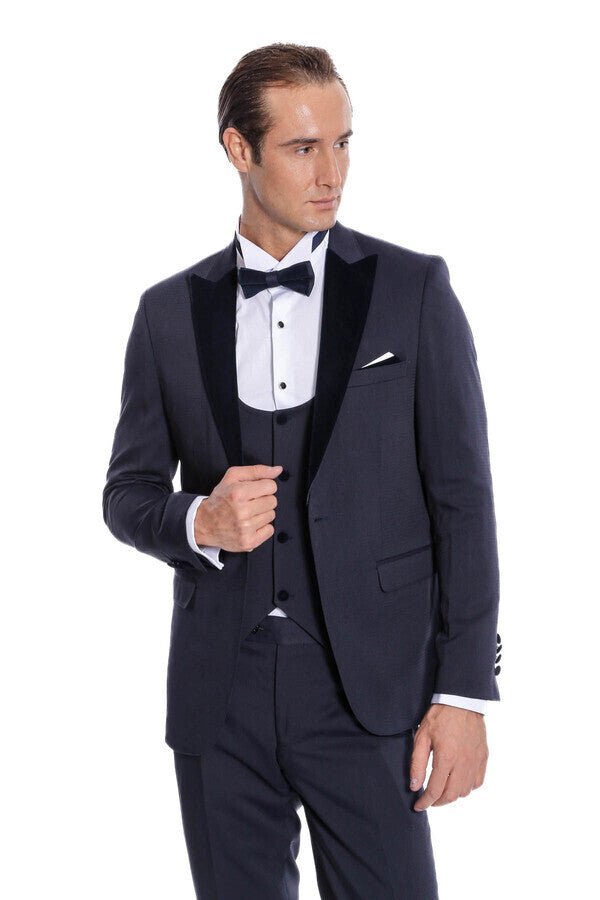 Velvet Lapel Slim Fit Navy Blue Men Tuxedo