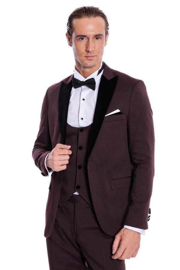 Velvet Lapel Slim Fit Burgundy Men Tuxedo