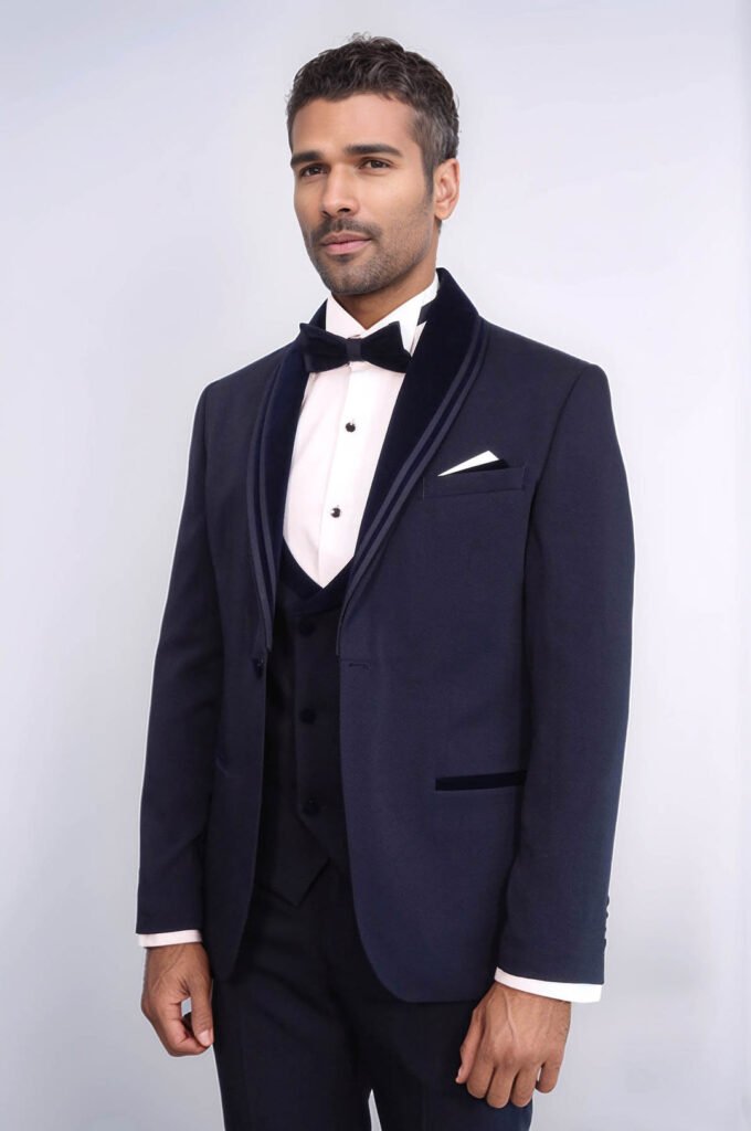 3 Piece Trim Detailed Self-Patterned Velvet Shawl Collar Navy Blue Men's Tuxedo