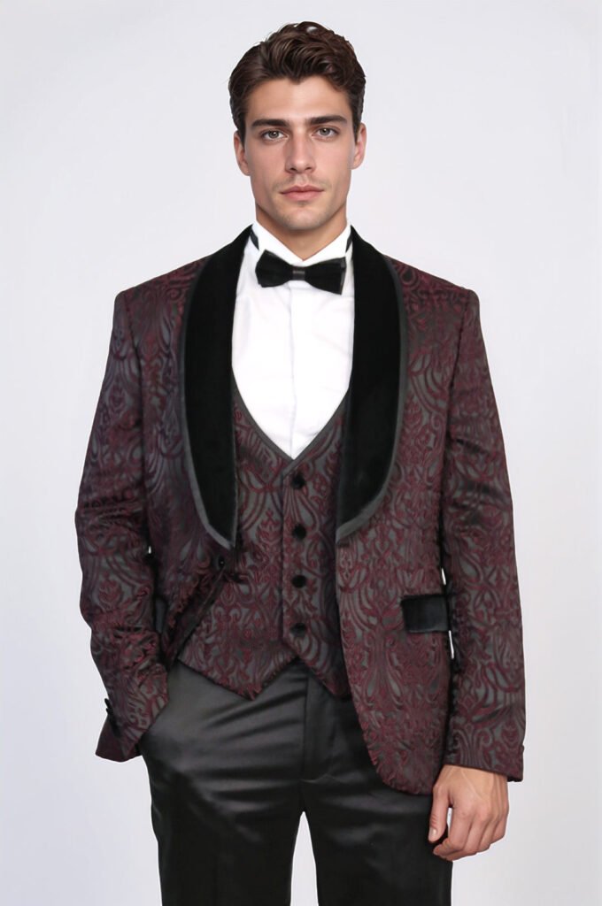 Baroque Patterned Velvet Shawl Collar Vested Burgundy Tuxedo