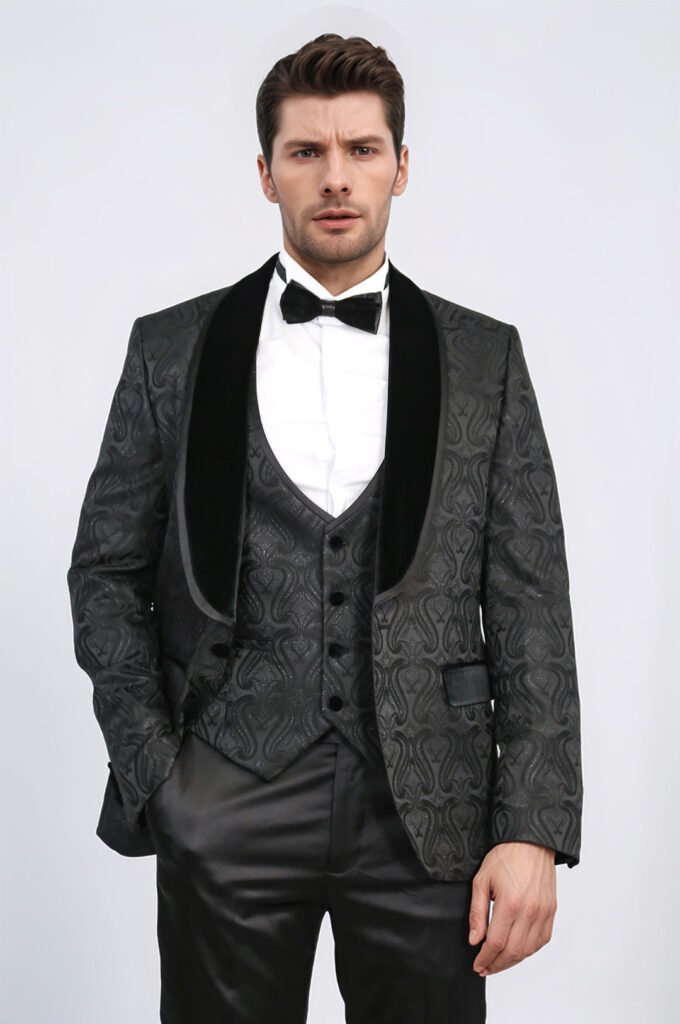 Baroque Patterned Velvet Shawl Collar Vested Glittery Black Tuxedo