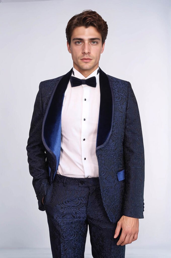 2 Piece Damask Patterned Velvet Shawl Collar Royal Blue Men's Tuxedo Suit