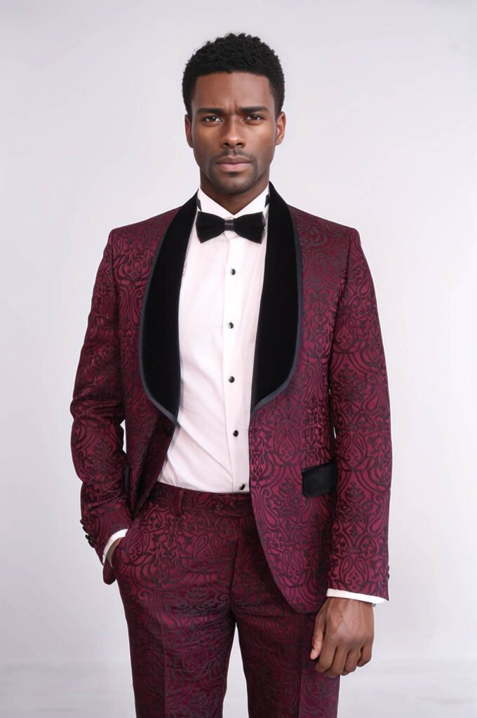 2 Piece Damask Patterned Velvet Shawl Collar Burgundy Men's Tuxedo Suit