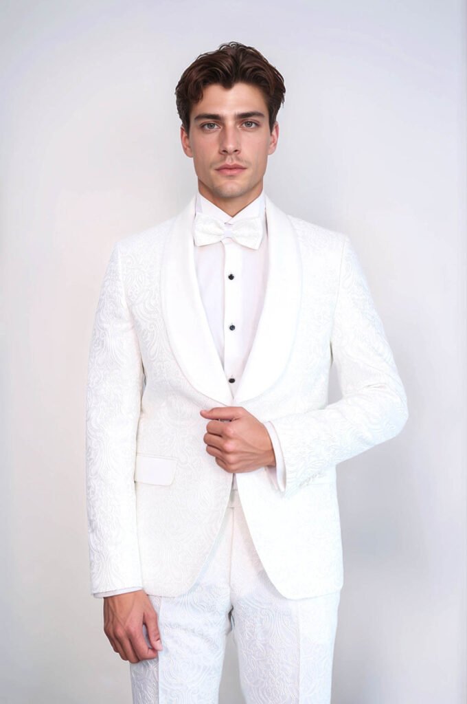 2 Piece Damask Patterned Velvet Shawl Collar White Men's Tuxedo Suit