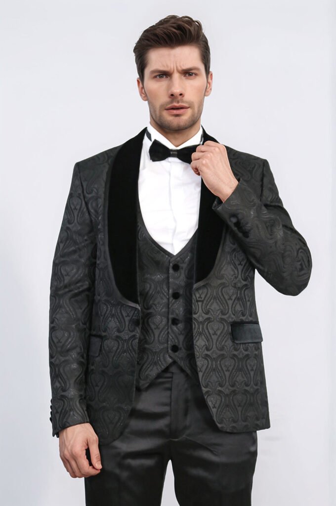 Baroque Patterned Velvet Shawl Collar Vested Glittery Black Tuxedo