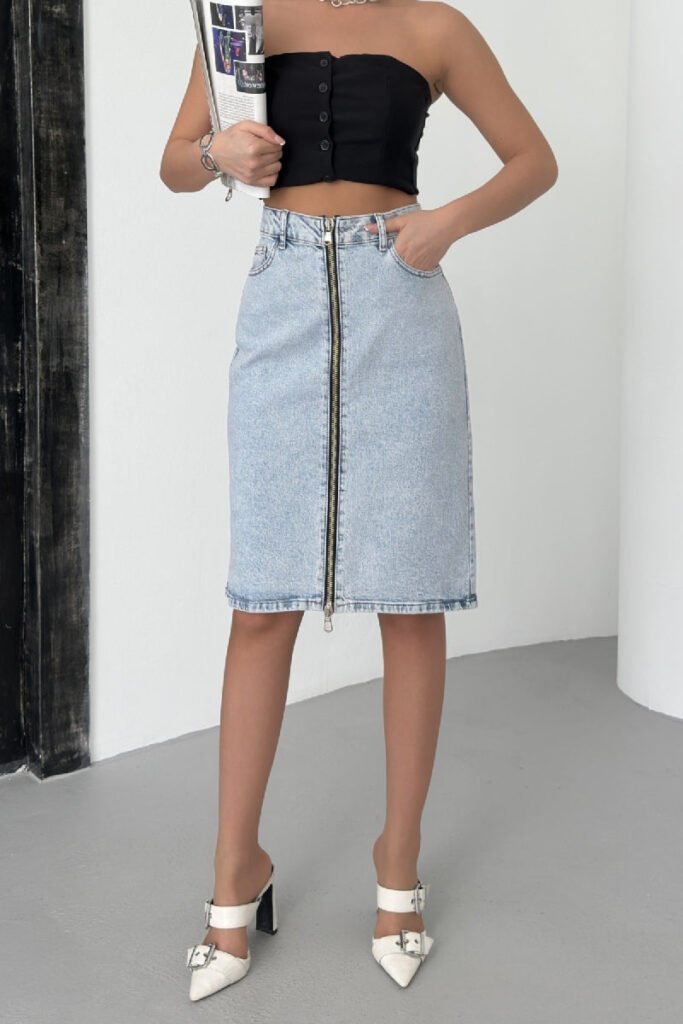 XLJ Medium Length Denim Skirt with Zippers on Double Side Mixed
